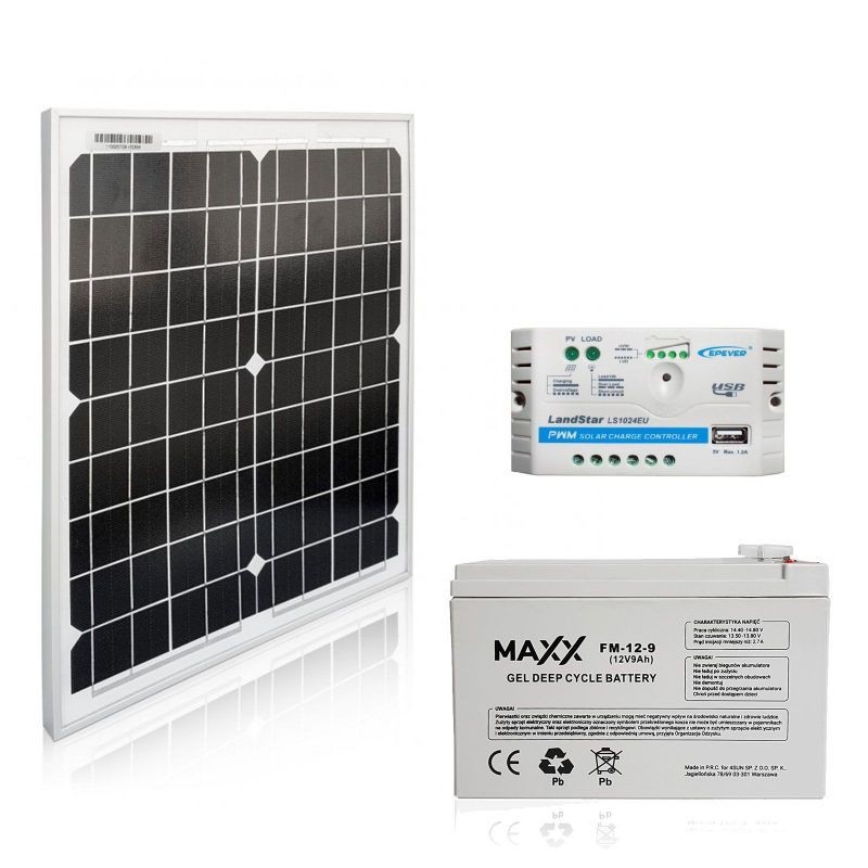 Zestaw PV: Panel 20W Maxx + Regulator 5A + Aku. 9Ah Zestaw PV: Panel 20W Maxx + Regulator 5A + Aku. 9Ah