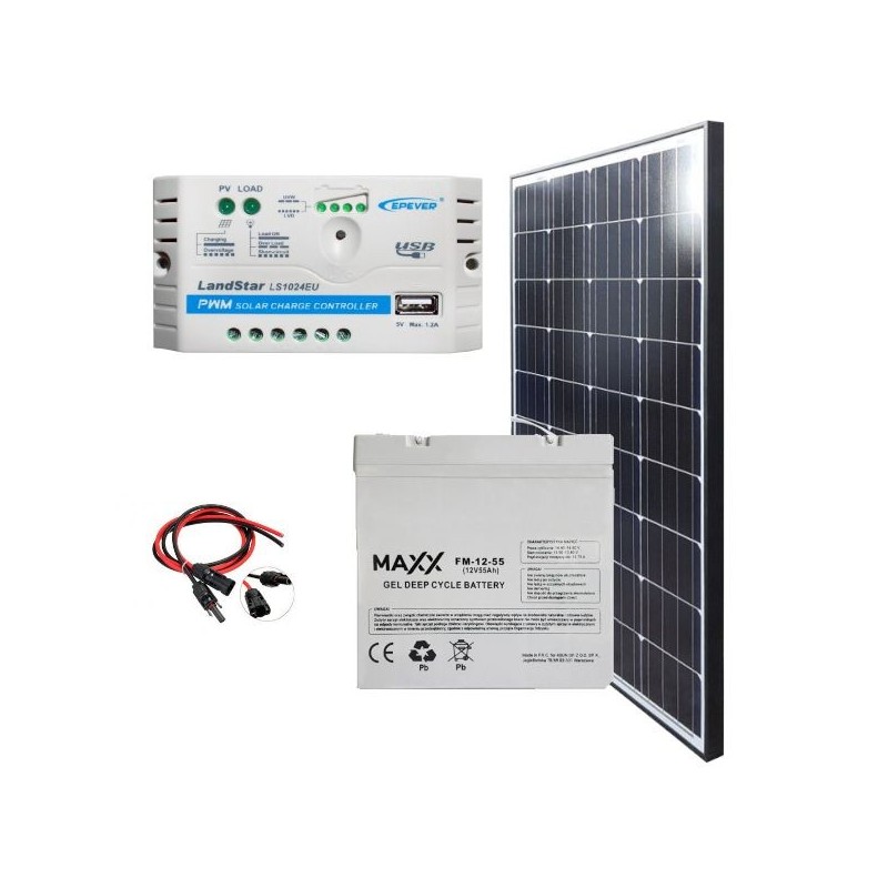 Zestaw PV: Panel 100W Maxx + Regulator 10A + Aku. 55Ah