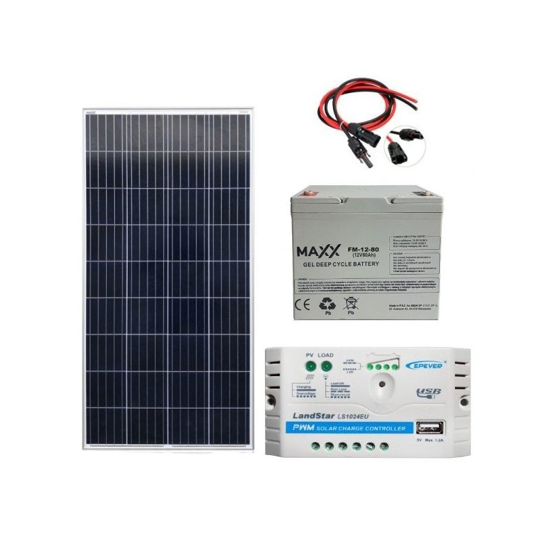 Zestaw PV: Panel 140W Maxx + Regulator 10A + Aku. 80Ah