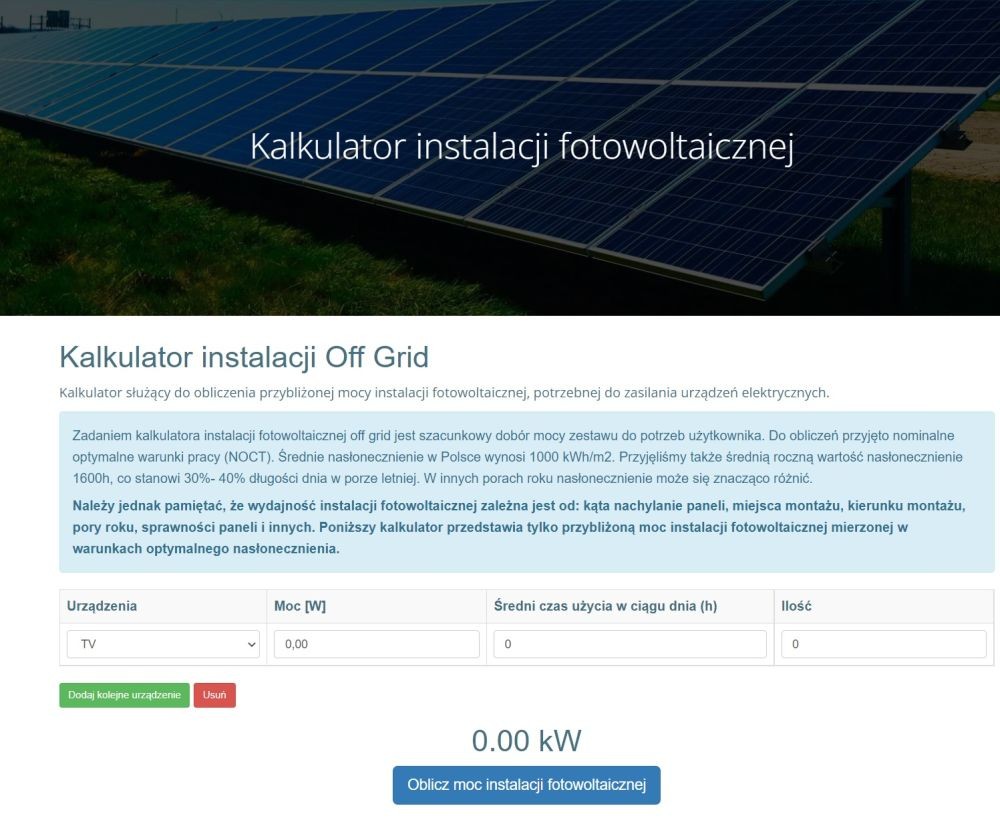 Kalkulator instalacji fotowoltaicznej Off-Grid Kalkulator instalacji fotowoltaicznej Off-Grid